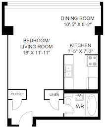 A black and white image of a floor plan for a small apartment.