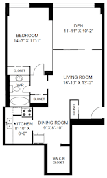 A black and white image of a floor plan for a one bedroom apartment.