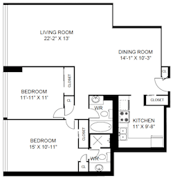 A black and white image of a floor plan for a home with a living room, dining room, kitchen, and three bedrooms.