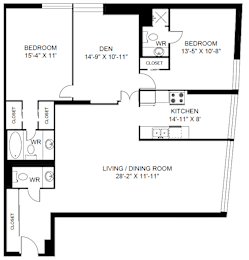 A black and white image of a floor plan for a home with a living room, dining room, kitchen, and two bedrooms.