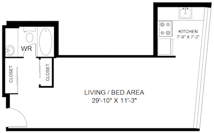 A floor plan of a small apartment with a living area, kitchen, and two closets.