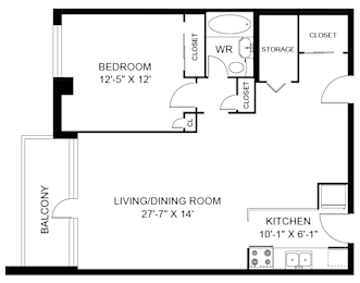 A black and white image of a floor plan for a living space.