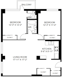A black and white image of a floor plan for a home with a balcony, two bedrooms, a living room, a kitchen, and three closets.