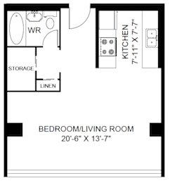 A floor plan of a bedroom/living room with a kitchen area.