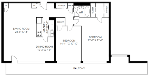 A black and white image of a floor plan for a home with a living room, dining room, kitchen, and two bedrooms.