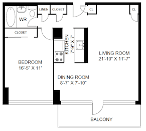 A black and white image of a floor plan for a living room, bedroom, dining room, and balcony.