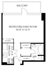 A black and white image of a floor plan for a bedroom/living room.