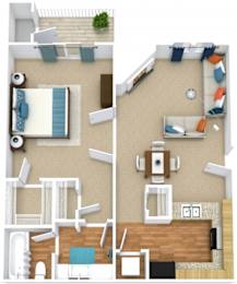 One bedroom floorplan, a living room, a kitchen, and a bathroom.