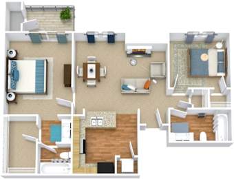 A top down view of a house interior with a kitchen, living room, and bedrooms.