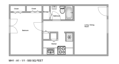 a floor plan of a studio apartment with a bedroom and a living room