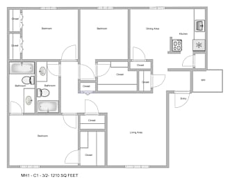 a typical floor plan of a 1 bedroom apartment