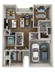 a 3d rendering of a floor plan with cars and a garage