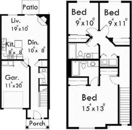 two floor plans of a house with different bedrooms and baths