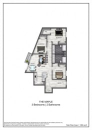 simulated floor plan of the maple 3 bedroom apartment