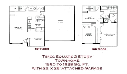 a floor plan of a townhouse with two floors and a garage