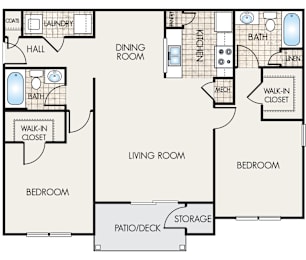 A floor plan of a house with a living room, dining room, kitchen, two bedrooms, a bathroom, a walk-in closet, a laundry room, and a storage area.