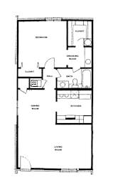 A floor plan of a small apartment with a bedroom, dressing room, kitchen, dining room, and living room.