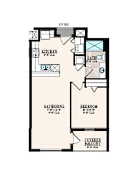 A floor plan of a house with a kitchen, bathroom, and bedroom.