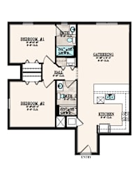 A floor plan of a house with two bedrooms, a hall, a gathering room, and a kitchen.