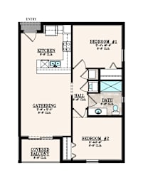 A floor plan of a house with two bedrooms, a kitchen, a bath, a gathering room, and a covered balcony.