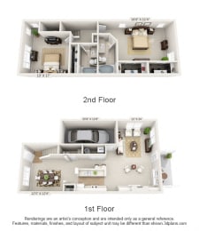 This is a 3D floor plan of a 1498 square foot 2 bedroom Schooner townhome at Nantucket Apartments in Loveland, OH.