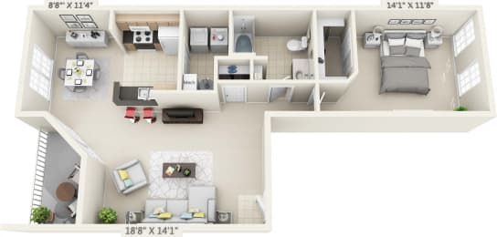This is a 3D floor plan of a 900 square foot 1 bedroom Miamisburg at Washington Park Apartments in Centerville, OH.