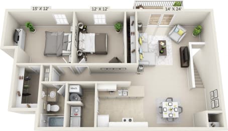 This is a 3D floor plan of a 1040 square foot 2 bedroom Patriot at Washington Place Apartments in Washington Township, OH