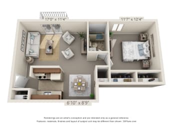 1 bed 1 bath floor plan D at Aspen Village, Cincinnati, OH, 45238