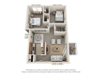 2 bed 1 bath floor plan at Aspen Village, Ohio