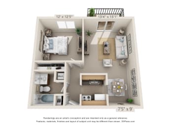 This is a 3D floor plan of a 652 square foot 1 bedroom apartment at Blue Grass Manor Apartments in Erlanger, KY.