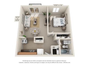 This is a 3D floor plan of a 543 square foot 1 bedroom apartment at Blue Grass Manor Apartments in Erlanger, KY.