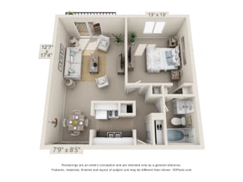 This is a 3D floor plan of a 705 square foot 1 bedroom apartment at Blue Grass Manor Apartments in Erlanger, KY.