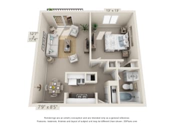 This is a 3D floor plan of a 705 square foot 1 bedroom apartment at Blue Grass Manor Apartments in Erlanger, KY.