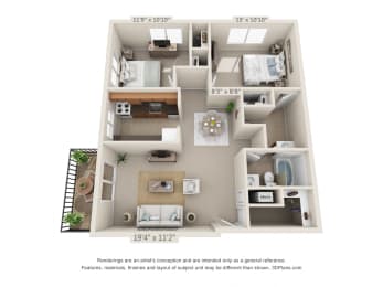 This is a 3D floor plan of a 899 square foot 2 bedroom apartment at Blue Grass Manor Apartments in Erlanger, KY.