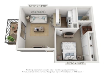 This is a 3D floor plan of a 477 square foot 1 bedroom apartment at Canyon Creek Apartments in Dallas, TX.
