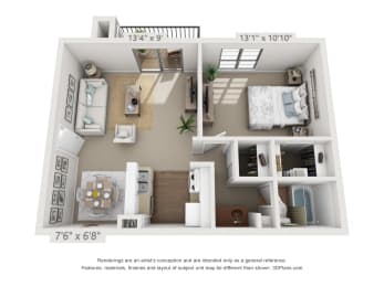 This is a 3D floor plan of a 575 square foot 1 bedroom apartment at Canyon Creek Apartments in Dallas, TX.