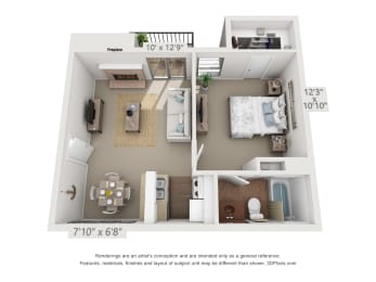 This is a 3D floor plan of a 515 square foot 1 bedroom apartment at Canyon Creek Apartments in Dallas, TX.