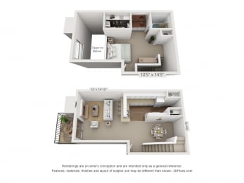 This is a 3D floor plan of a 717 square foot 1 bedroom with loft apartment at Canyon Creek Apartments in Dallas, TX.