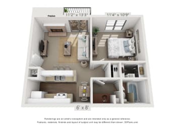 This is a 3D floor plan of a 550 square foot 1 bedroom apartment at Canyon Creek Apartments in Dallas, TX.
