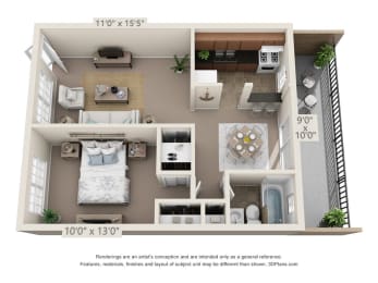 This is a 3D floor plan of a 550 square foot 1 bedroom, balcony apartment at College Woods Apartments in Cincinnati, OH.
