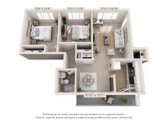 This is a 3D floor plan of a 758 square foot 2 bedroom apartment at Colonial Ridge Apartments in Cincinnati, OH.