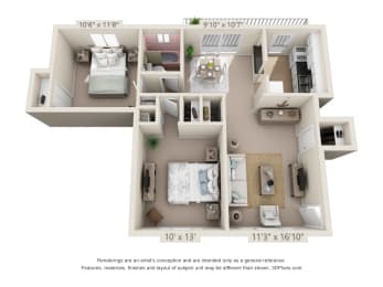 This is a 3D floor plan of a 758 square foot 2 bedroom apartment at Colonial Ridge Apartments in Cincinnati, OH.