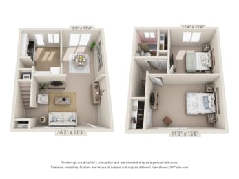 This is a 3D floor plan of a 1004 square foot 2 bedroom townhome at Colonial Ridge Apartments in Cincinnati, OH.