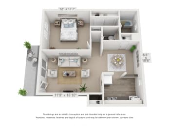This is a 3D floor plan of a 740 square foot 2 bedroom, garden patio apartment at Compton Lake Apartments in Mt. Healthy, OH.
