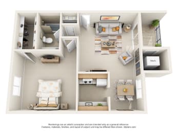 This is a 3D floor plan of a 650 square foot 1 bedroom apartment at Deer Hill Apartments in Cincinnati, OH.