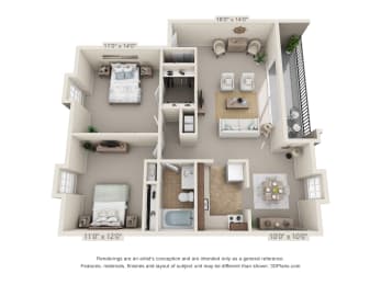 2 bed 1 bath floor plan at Fairfield Pointe, Fairfield, 45014