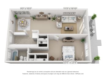 This is a 3D floor plan of a 631, A-style square foot 1 bedroom apartment at Lake of the Woods Apartments in Cincinnati, OH.