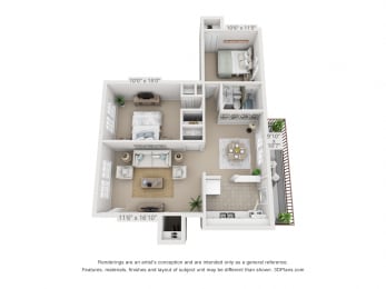 This is a 3D floor plan of a 758, C-style square foot 2 bedroom apartment at Lake of the Woods Apartments in Cincinnati, OH.