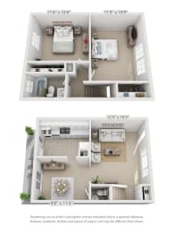 This is a 3D floor plan of a 1004 square foot 2 bedroom townhome at Lake of the Woods Apartments in Cincinnati, OH.
