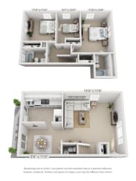 This is a 3D floor plan of a 1229 square foot 3 bedroom townhome at Lake of the Woods Apartments in Cincinnati, OH.